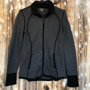 Eddie Bauer Full Zip Front Sweater Black & Gray Striped Sweater